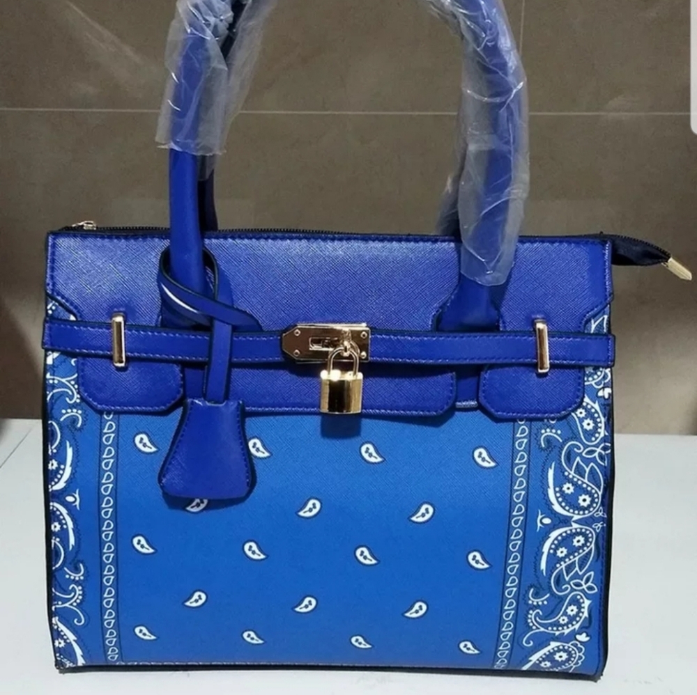 Blue bandana print handbag paisley print
